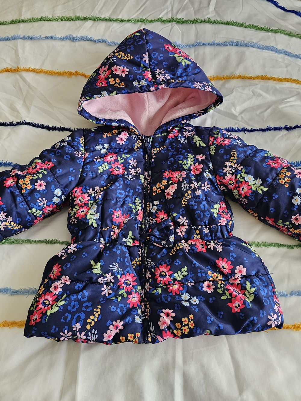 Little Me Navy Floral Puffer Jacket with Soft Pink Fleece Lining
